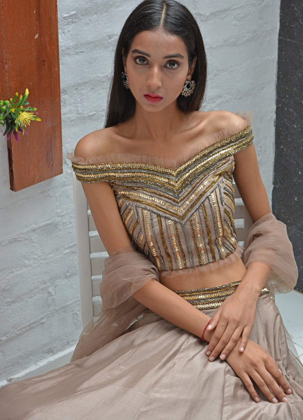Beige Gold Off Shoulder Lehenga Set Parul Gandhi - Fabilicious Fashion