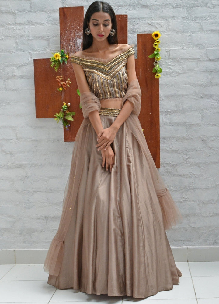 Beige Gold Off Shoulder Lehenga Set Parul Gandhi - Fabilicious Fashion
