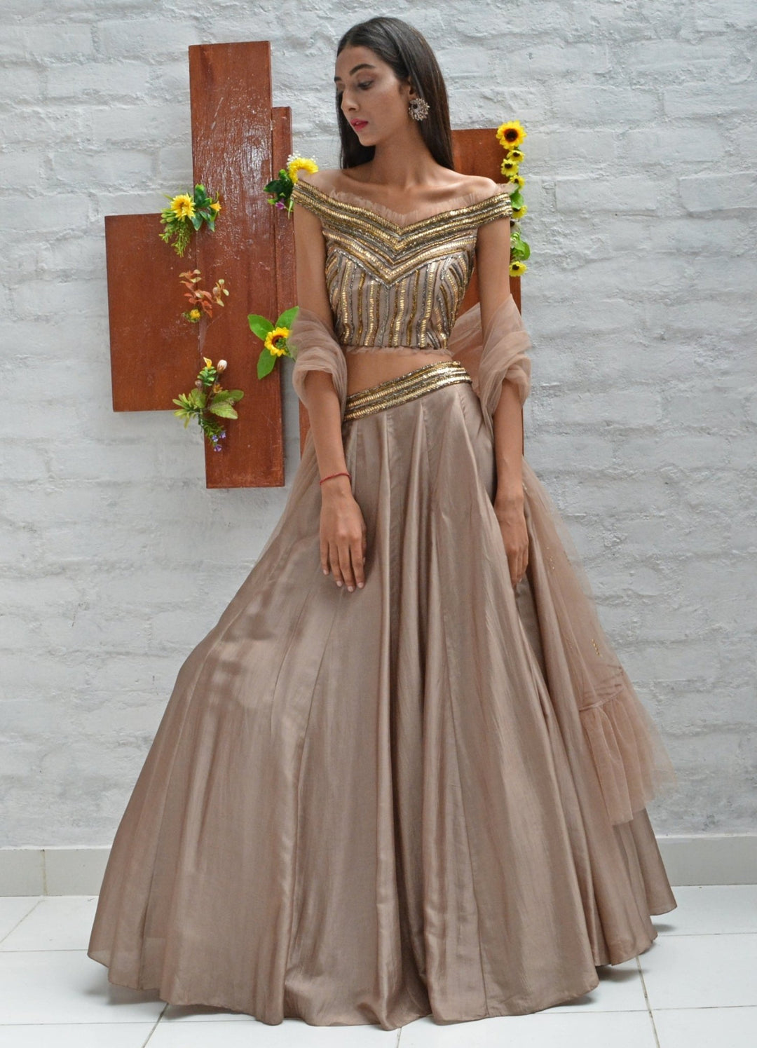 Beige Gold Off Shoulder Lehenga Set Parul Gandhi - Fabilicious Fashion