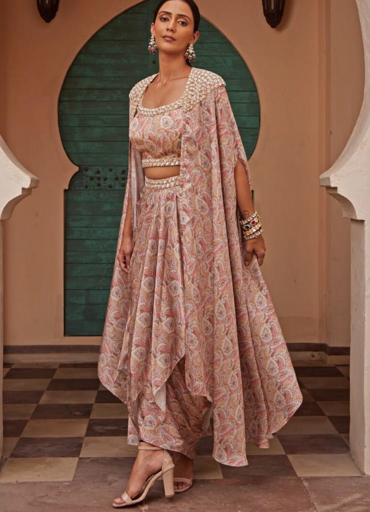 Beige Gold Printed Drape Skirt and Cape Set Nidhika Shekhar - Fabilicious Fashion