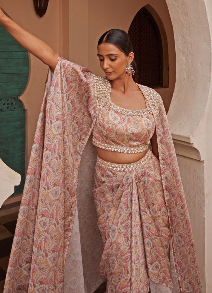 Beige Gold Printed Drape Skirt and Cape Set Nidhika Shekhar - Fabilicious Fashion