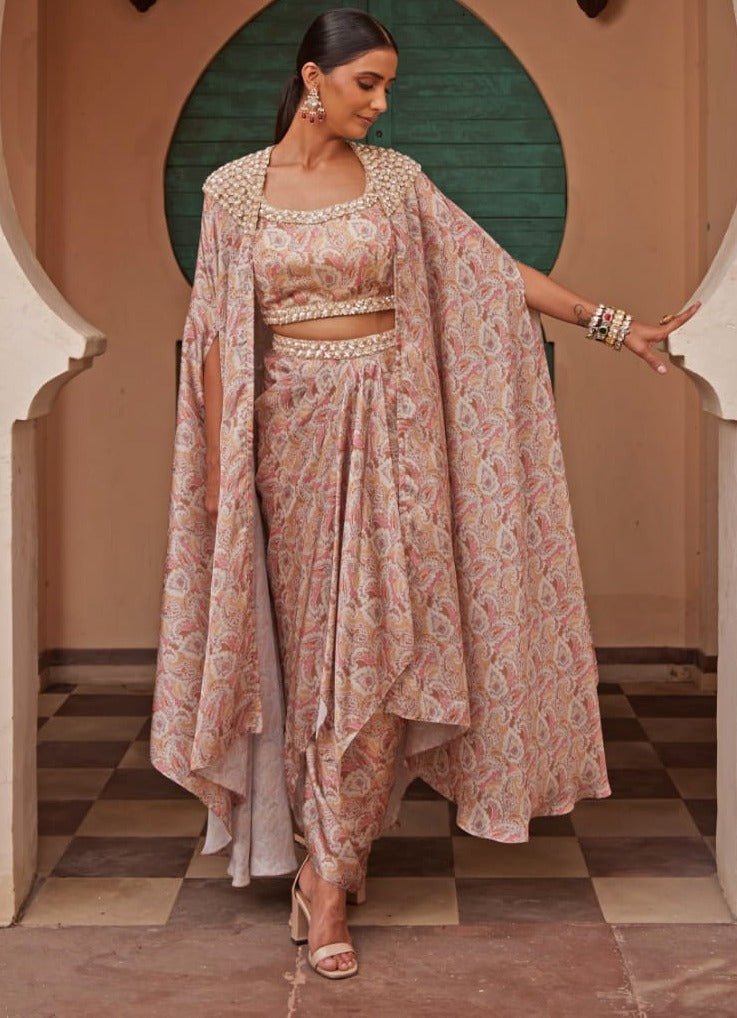 Beige Gold Printed Drape Skirt and Cape Set Nidhika Shekhar - Fabilicious Fashion