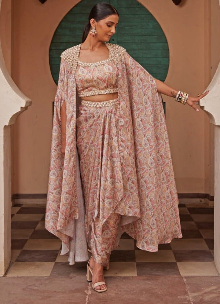 Beige Gold Printed Drape Skirt and Cape Set Nidhika Shekhar - Fabilicious Fashion
