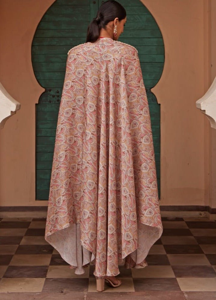 Beige Gold Printed Drape Skirt and Cape Set Nidhika Shekhar - Fabilicious Fashion