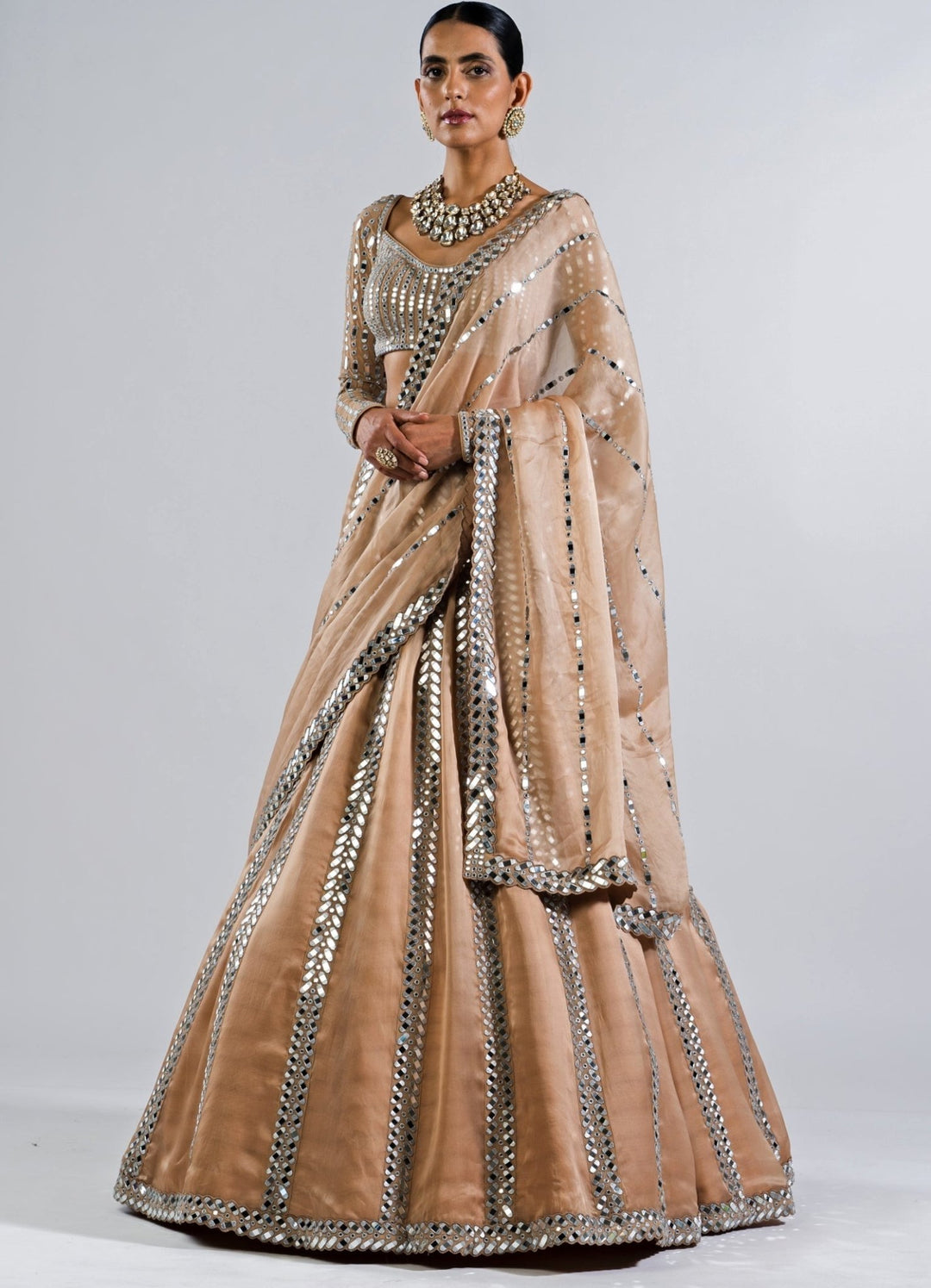 Beige Gold Single Linear Mirror Lehenga And Full Sleeves Blouse Set Vvani by Vani Vats - Fabilicious Fashion