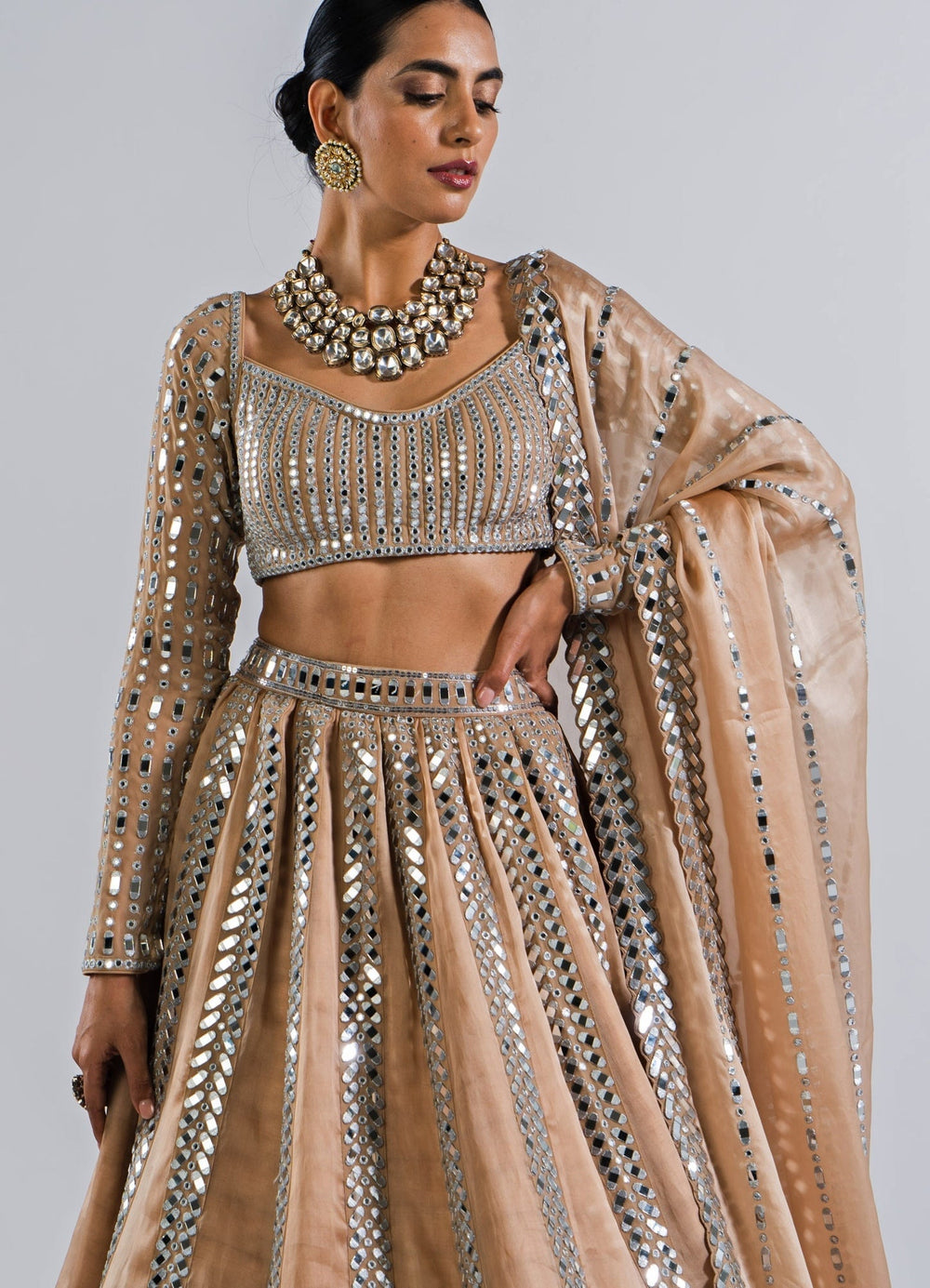 Beige Gold Single Linear Mirror Lehenga And Full Sleeves Blouse Set Vvani by Vani Vats - Fabilicious Fashion