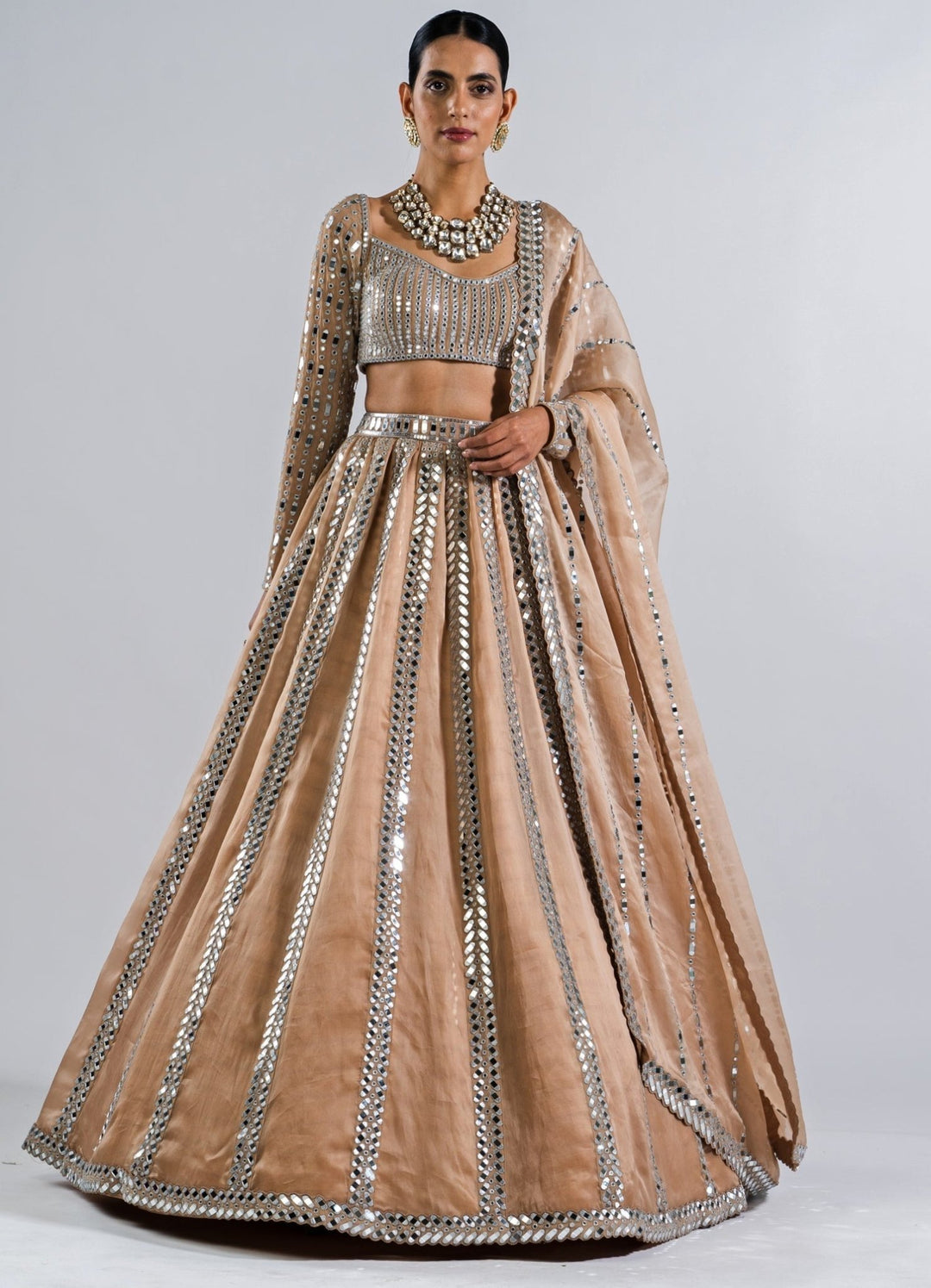 Beige Gold Single Linear Mirror Lehenga And Full Sleeves Blouse Set Vvani by Vani Vats - Fabilicious Fashion