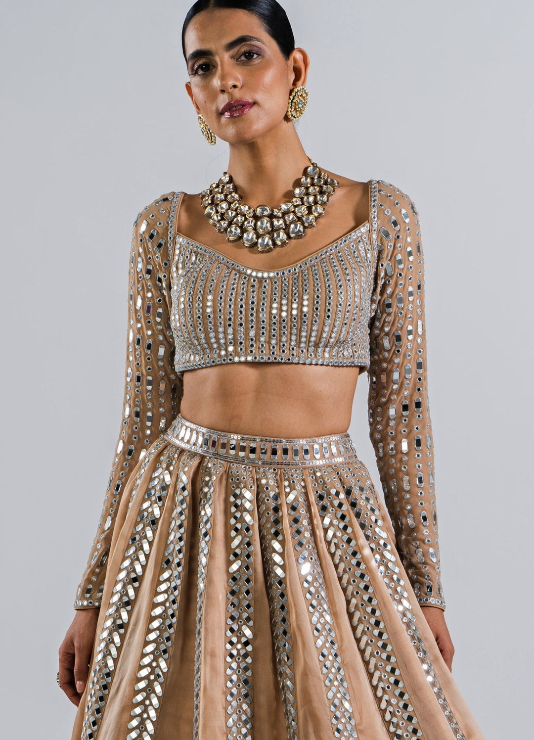 Beige Gold Single Linear Mirror Lehenga And Full Sleeves Blouse Set Vvani by Vani Vats - Fabilicious Fashion
