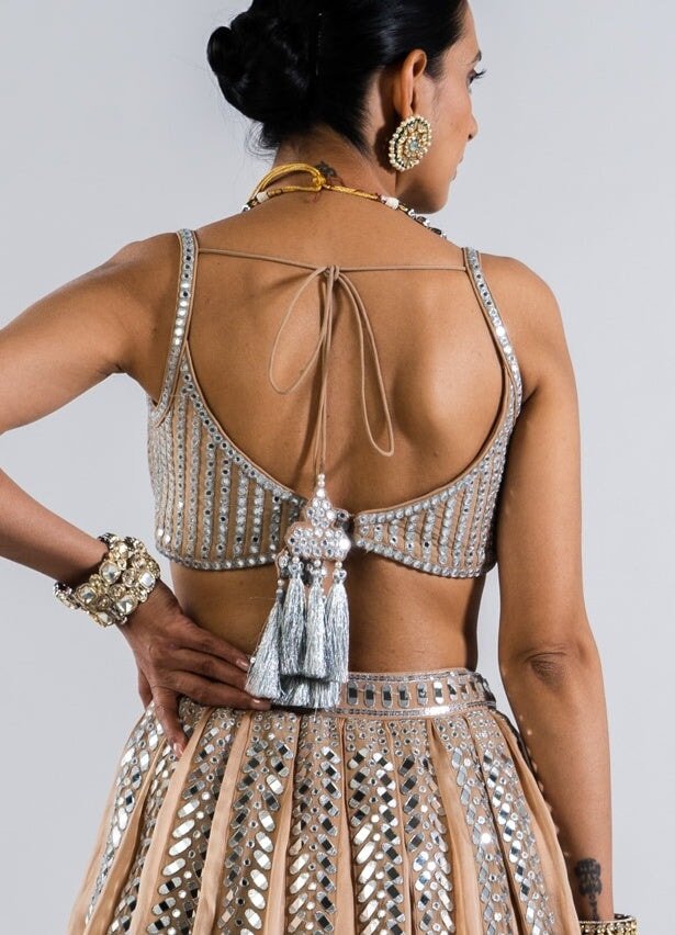 Beige Gold Single Linear Mirror Lehenga With Strappy Mirror Blouse Vvani by Vani Vats - Fabilicious Fashion