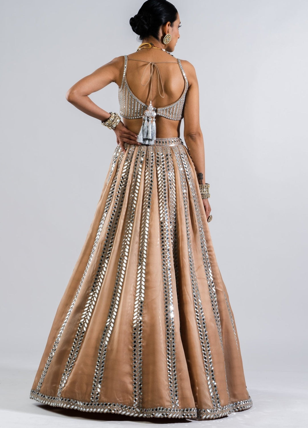 Beige Gold Single Linear Mirror Lehenga With Strappy Mirror Blouse Vvani by Vani Vats - Fabilicious Fashion