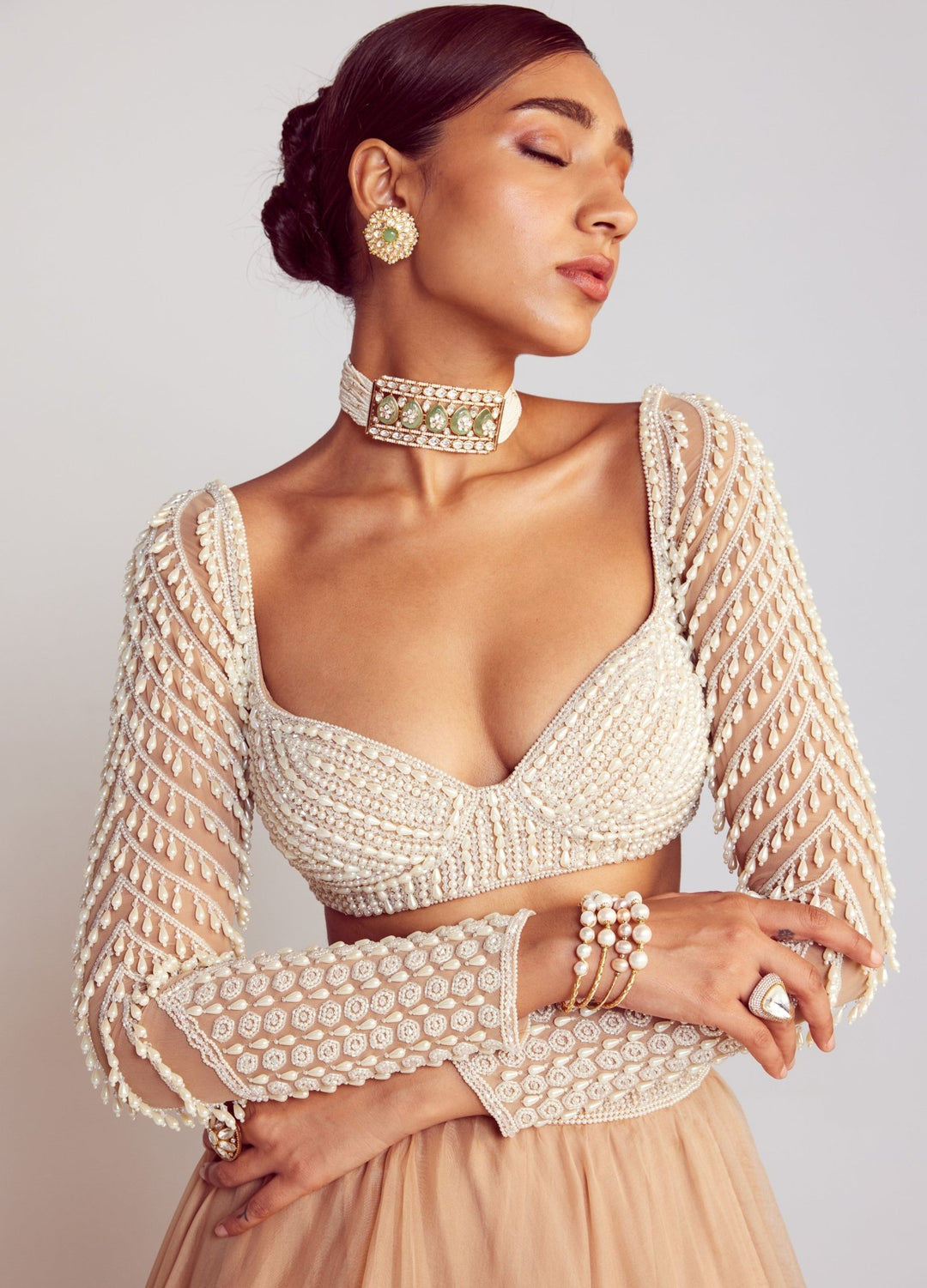 Beige Lehenga Set With Full Sleeved Pearl Embellished Blouse Vvani By Vani Vats - Fabilicious Fashion