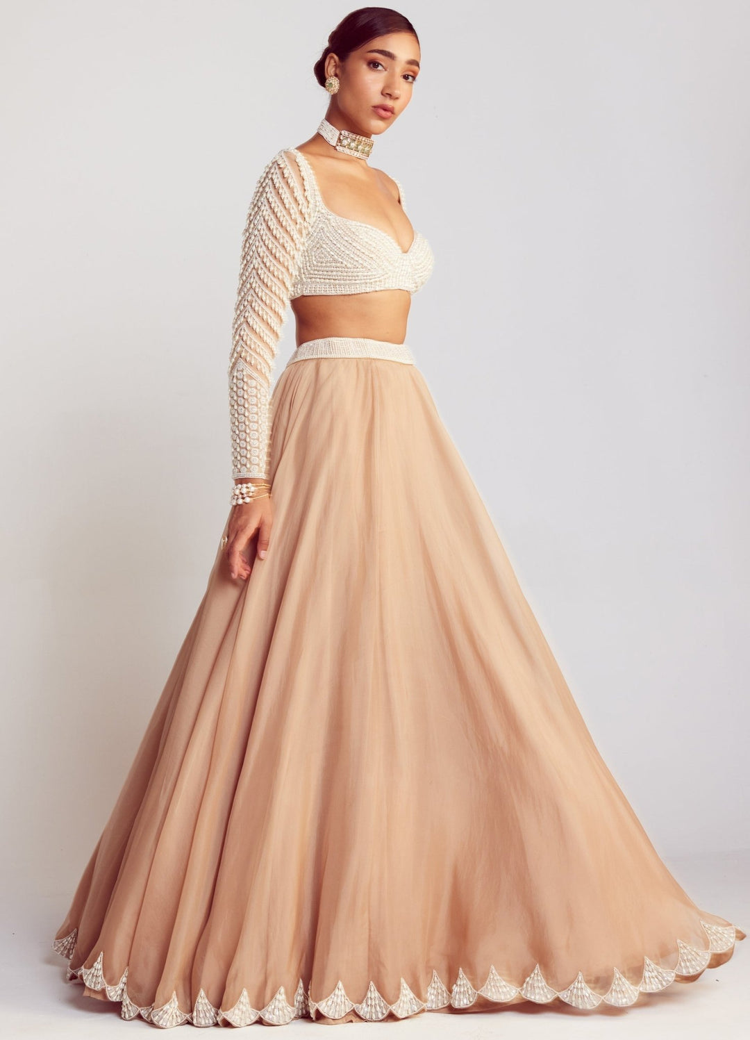 Beige Lehenga Set With Full Sleeved Pearl Embellished Blouse Vvani By Vani Vats - Fabilicious Fashion
