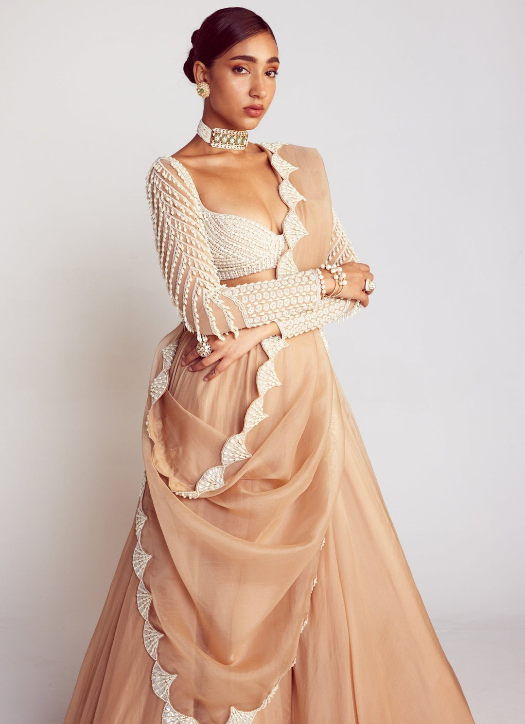 Beige Lehenga Set With Full Sleeved Pearl Embellished Blouse Vvani By Vani Vats - Fabilicious Fashion