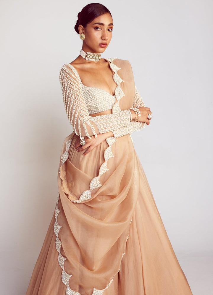 Beige Lehenga Set With Full Sleeved Pearl Embellished Blouse Vvani By Vani Vats - Fabilicious Fashion