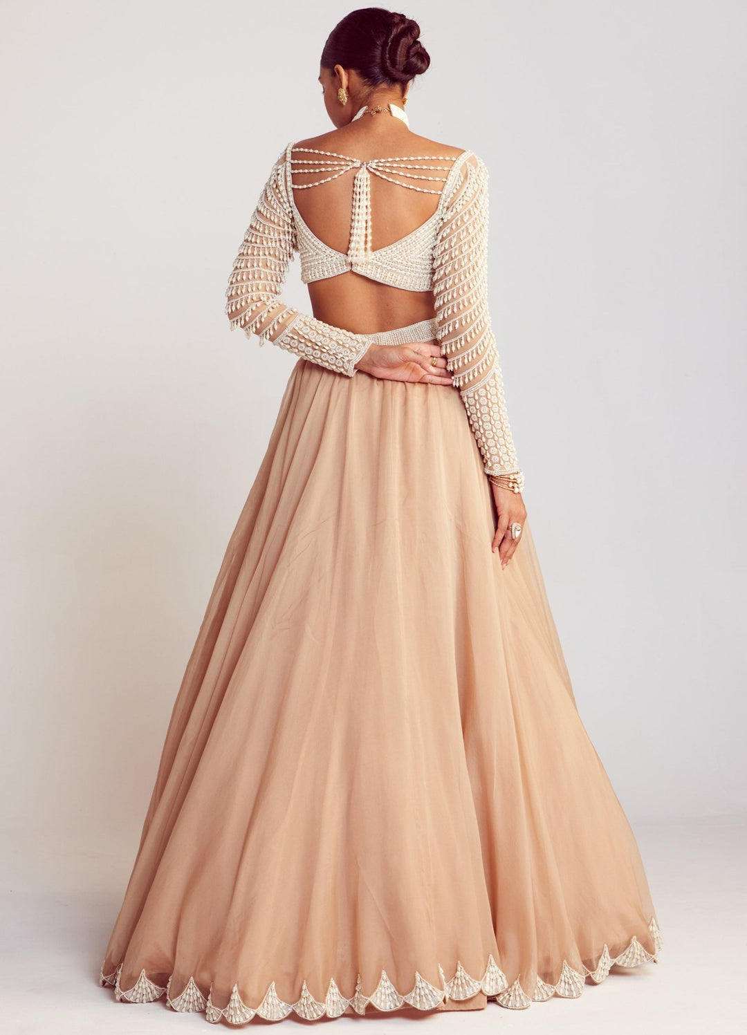 Beige Lehenga Set With Full Sleeved Pearl Embellished Blouse Vvani By Vani Vats - Fabilicious Fashion