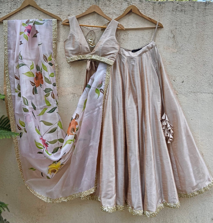 Beige lehenga With Hand Painted Dupatta Priti Sahni - Fabilicious Fashion
