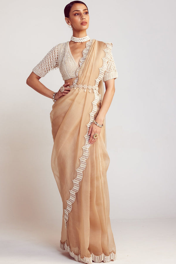 Beige organza saree set with elbow sleeved embellished blouse by Vvani by Vani Vats