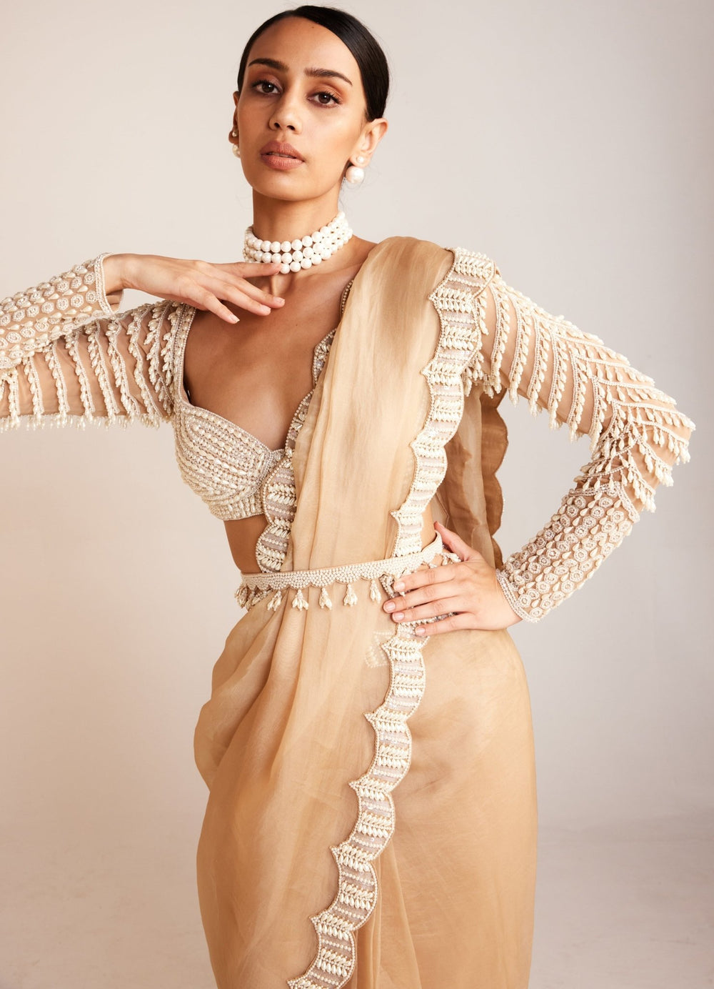 Beige Organza Saree With Pearl Drop Full Sleeved Blouse Vvani By Vani Vats - Fabilicious Fashion