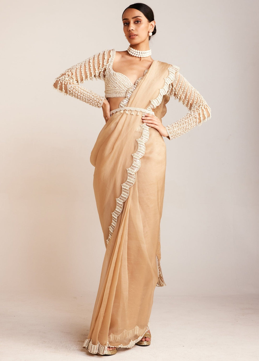 Beige Organza Saree With Pearl Drop Full Sleeved Blouse Vvani By Vani Vats - Fabilicious Fashion