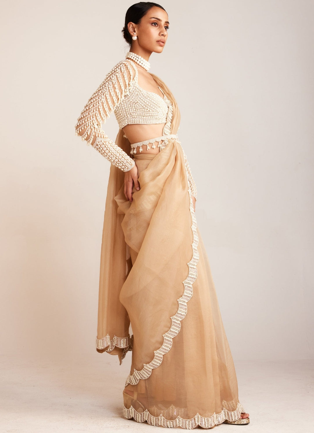 Beige Organza Saree With Pearl Drop Full Sleeved Blouse Vvani By Vani Vats - Fabilicious Fashion