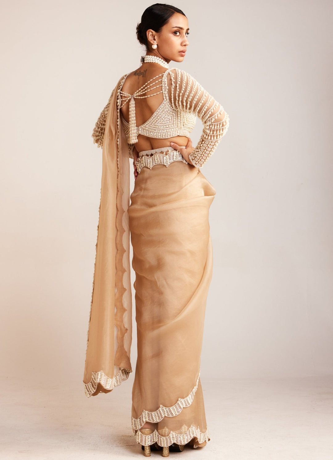 Beige Organza Saree With Pearl Drop Full Sleeved Blouse Vvani By Vani Vats - Fabilicious Fashion