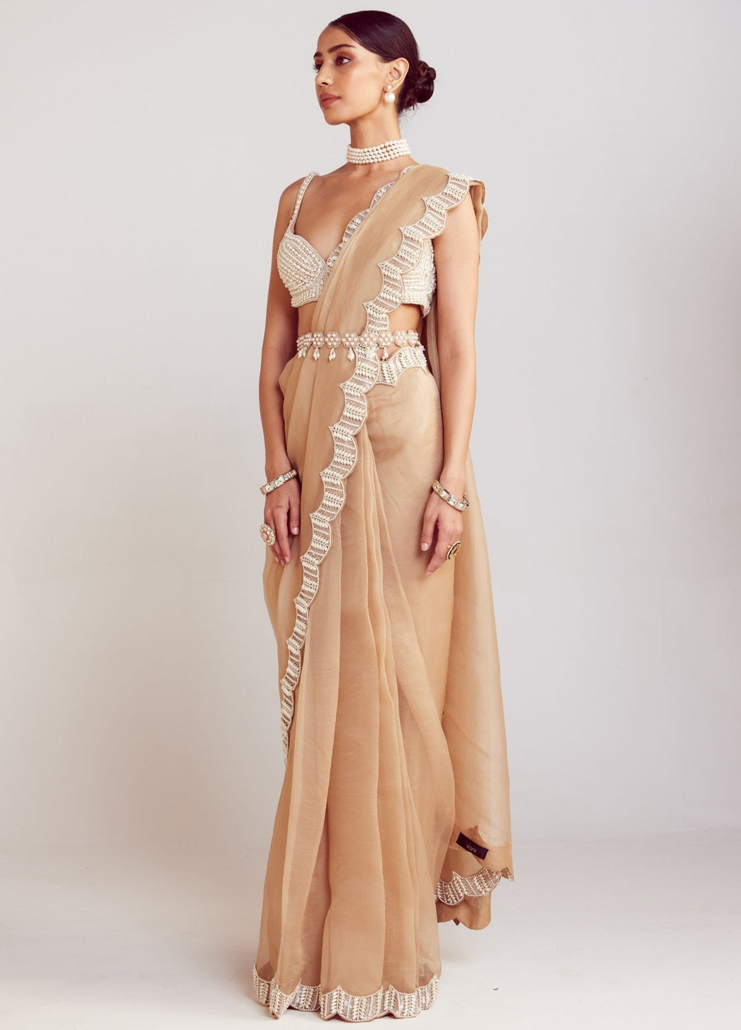 Beige Organza Saree With Pearl Embellished Blouse Vvani By Vani Vats - Fabilicious Fashion