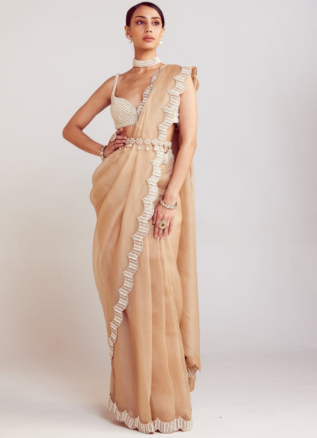 Beige Organza Saree With Pearl Embellished Blouse Vvani By Vani Vats - Fabilicious Fashion