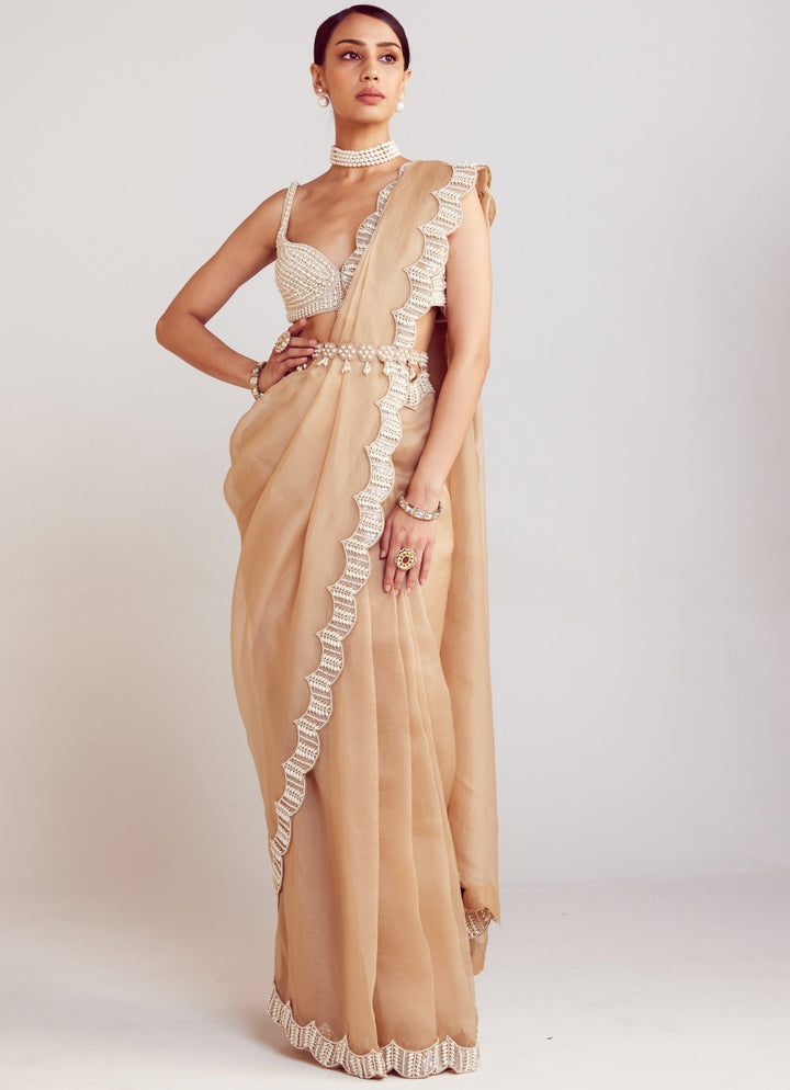 Beige Organza Saree With Pearl Embellished Blouse Vvani By Vani Vats - Fabilicious Fashion