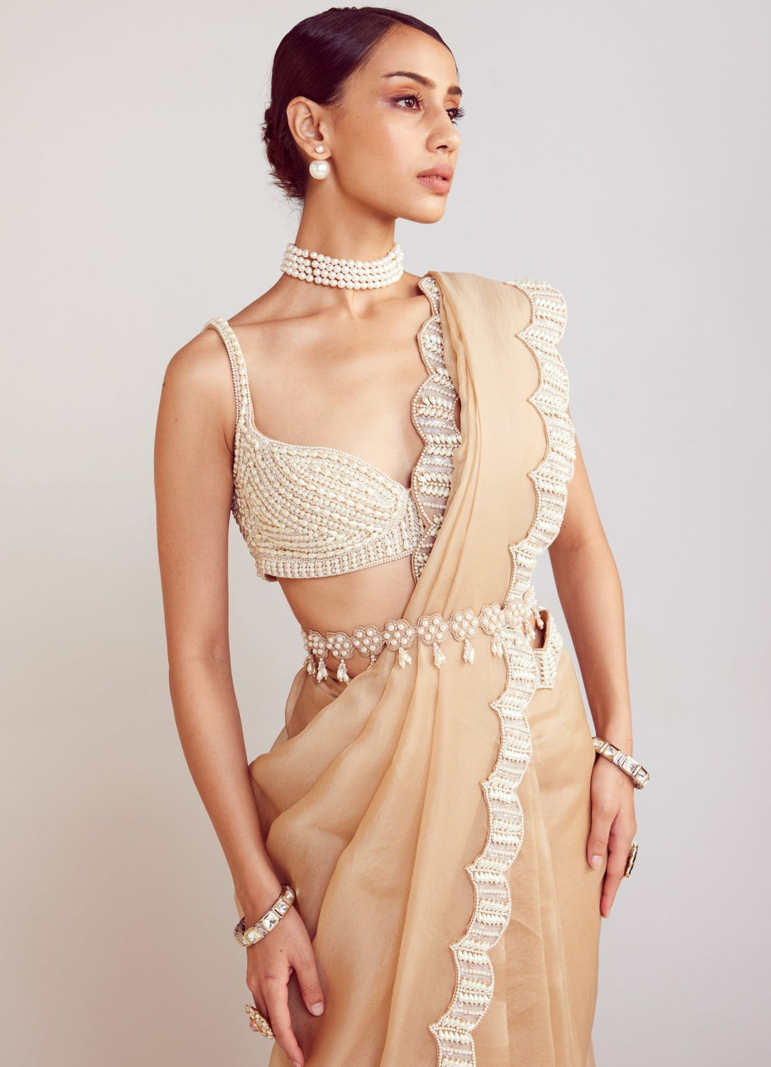 Beige Organza Saree With Pearl Embellished Blouse Vvani By Vani Vats - Fabilicious Fashion
