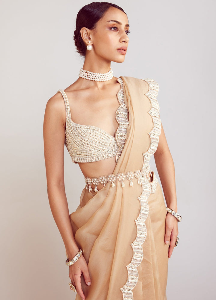 Beige Organza Saree With Pearl Embellished Blouse Vvani By Vani Vats - Fabilicious Fashion