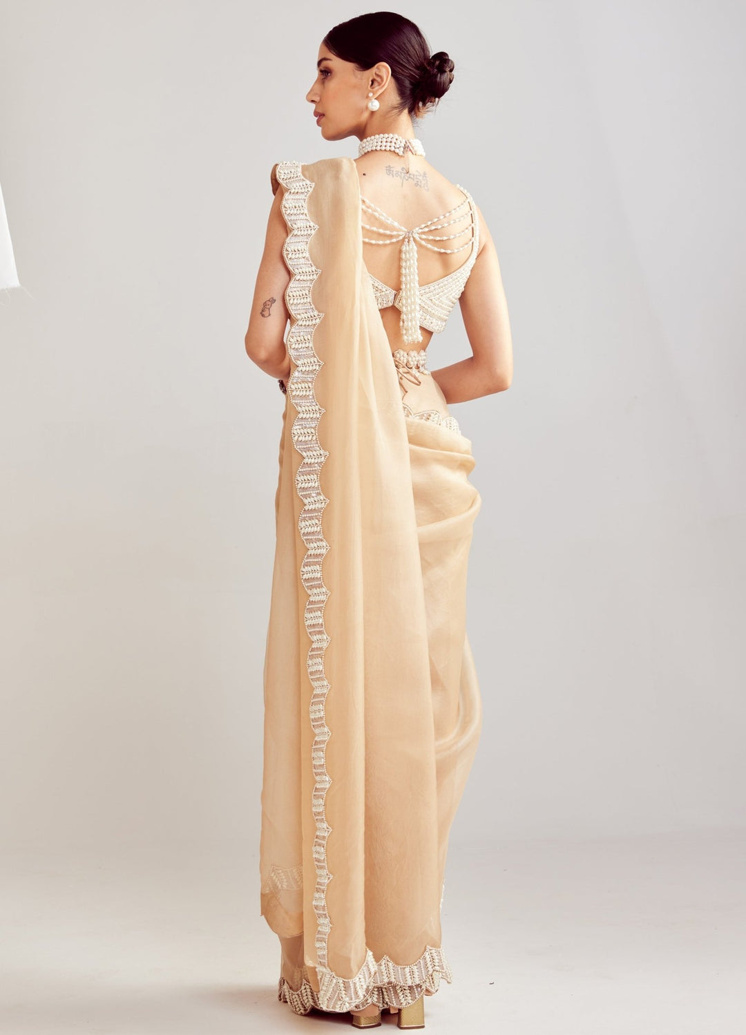 Beige Organza Saree With Pearl Embellished Blouse Vvani By Vani Vats - Fabilicious Fashion