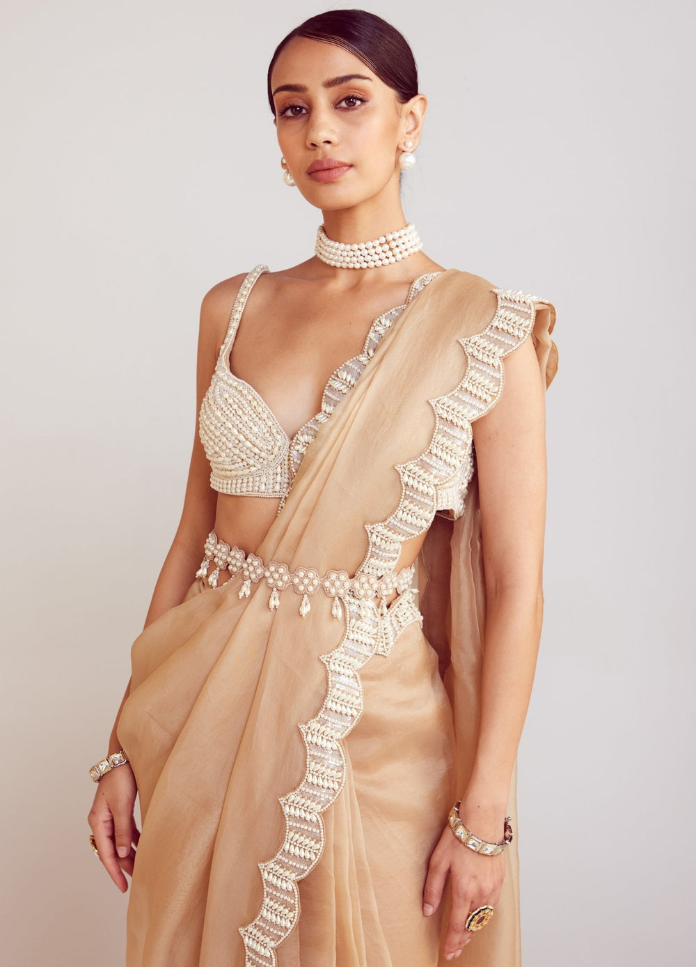 Beige Organza Saree With Pearl Embellished Blouse Vvani By Vani Vats - Fabilicious Fashion