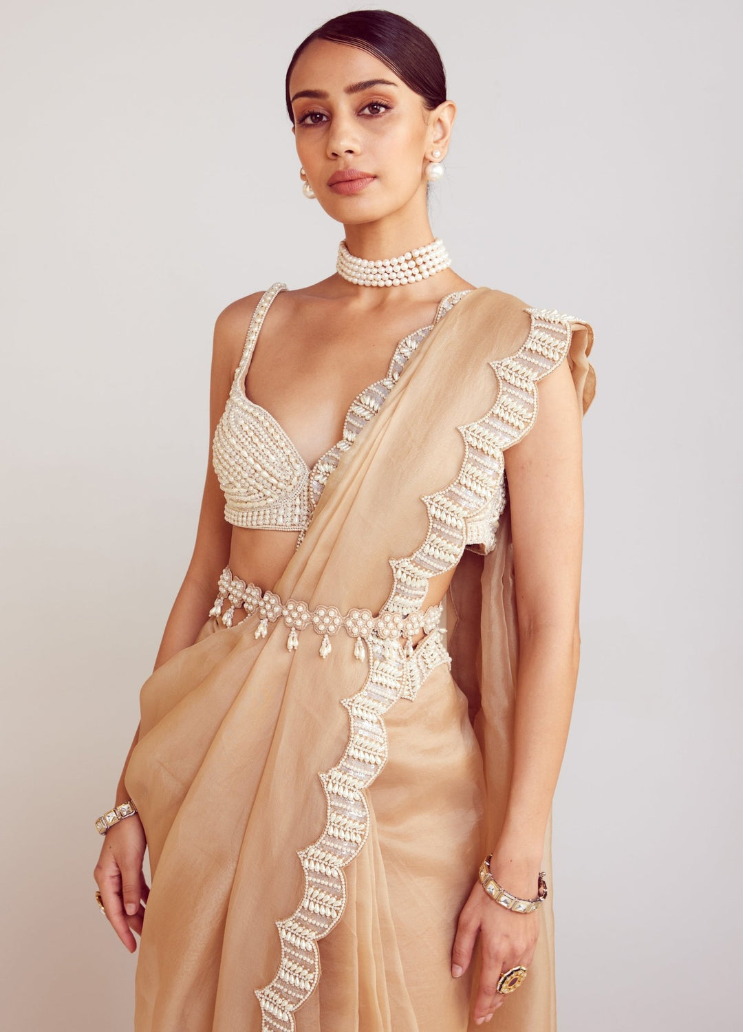 Beige Organza Saree With Pearl Embellished Blouse Vvani By Vani Vats - Fabilicious Fashion