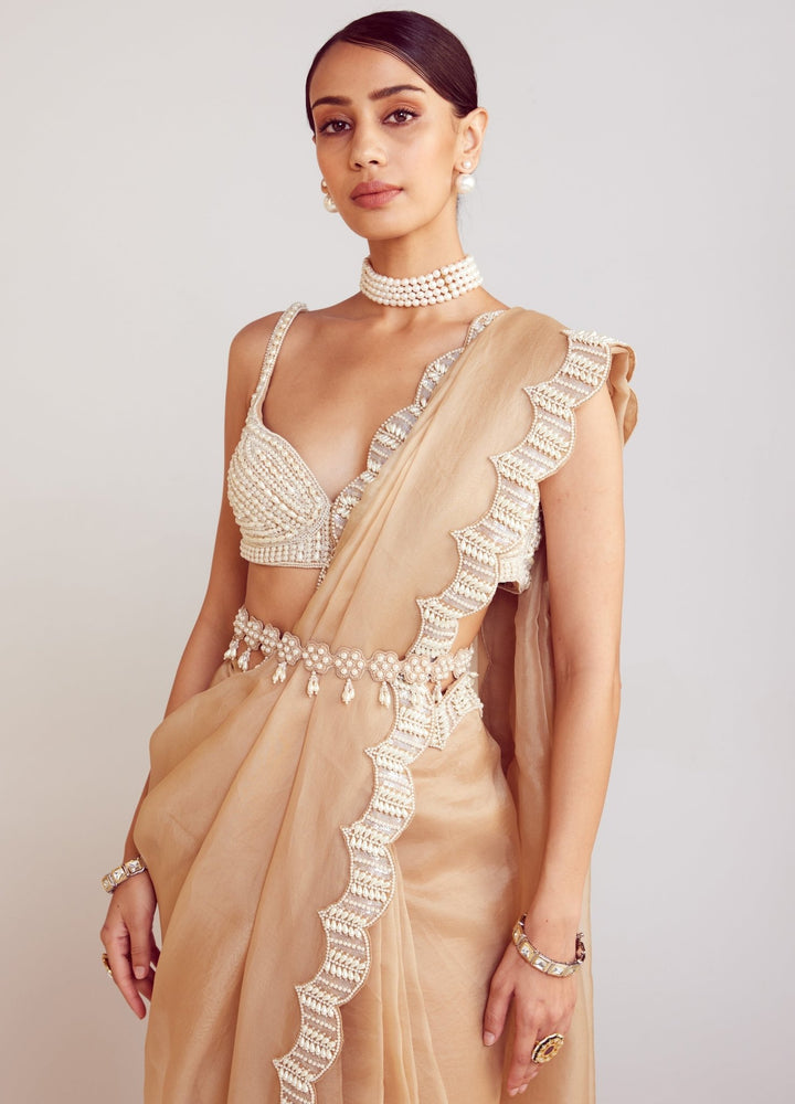 Beige Organza Saree With Pearl Embellished Blouse Vvani By Vani Vats - Fabilicious Fashion