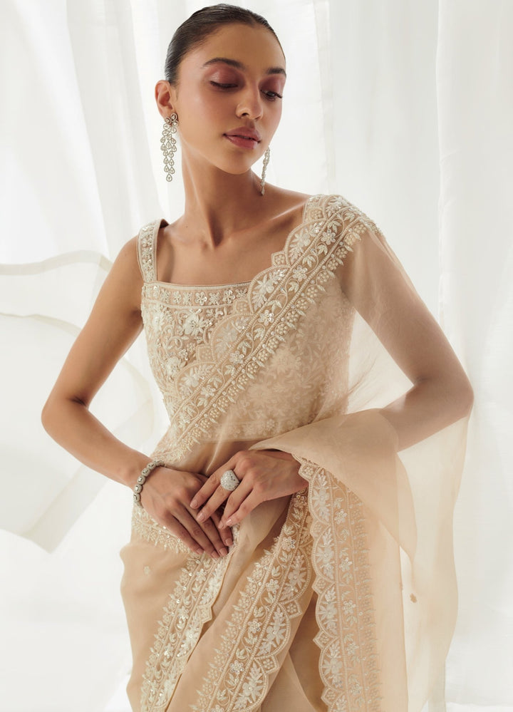 Beige Organza Saree With Square Neckline Blouse Suhino - Fabilicious Fashion