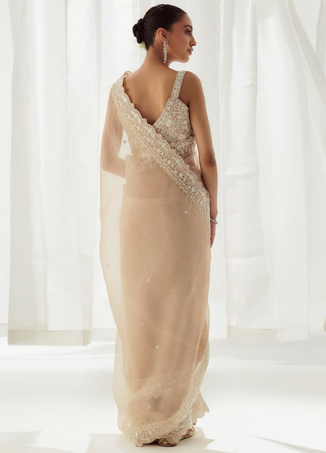 Beige Organza Saree With Square Neckline Blouse Suhino - Fabilicious Fashion