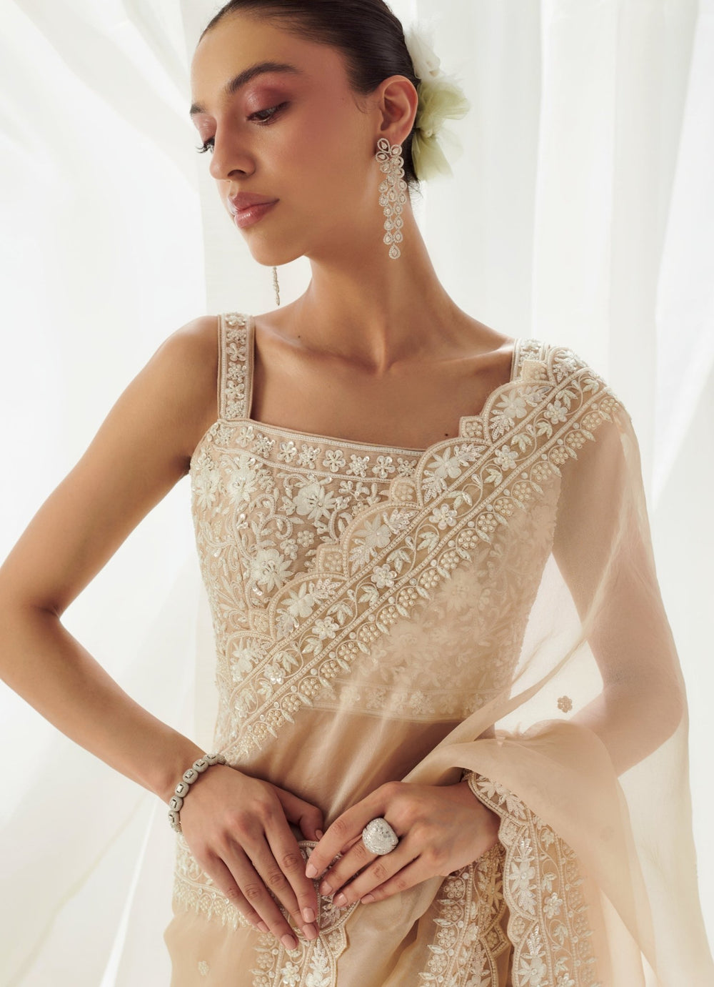 Beige Organza Saree With Square Neckline Blouse Suhino - Fabilicious Fashion