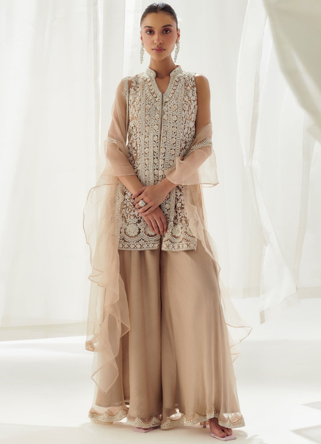 Beige Organza Sharara With Embellished Kurta And Ruffled Dupatta Suhino - Fabilicious Fashion