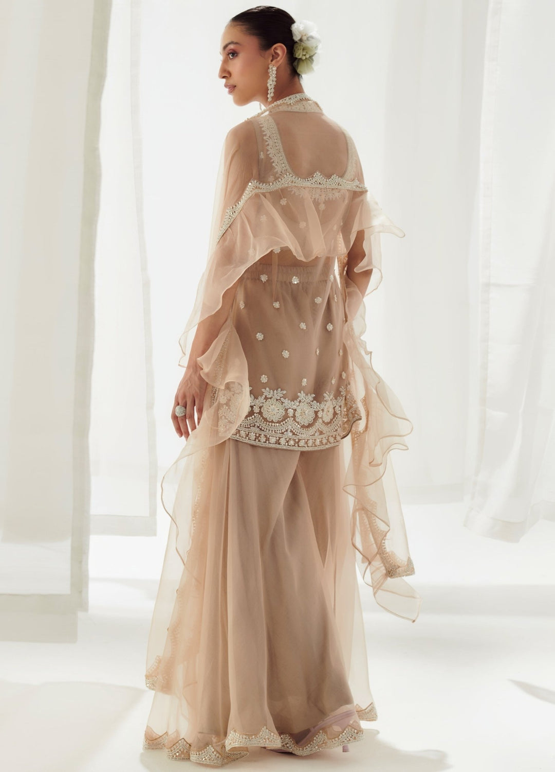 Beige Organza Sharara With Embellished Kurta And Ruffled Dupatta Suhino - Fabilicious Fashion