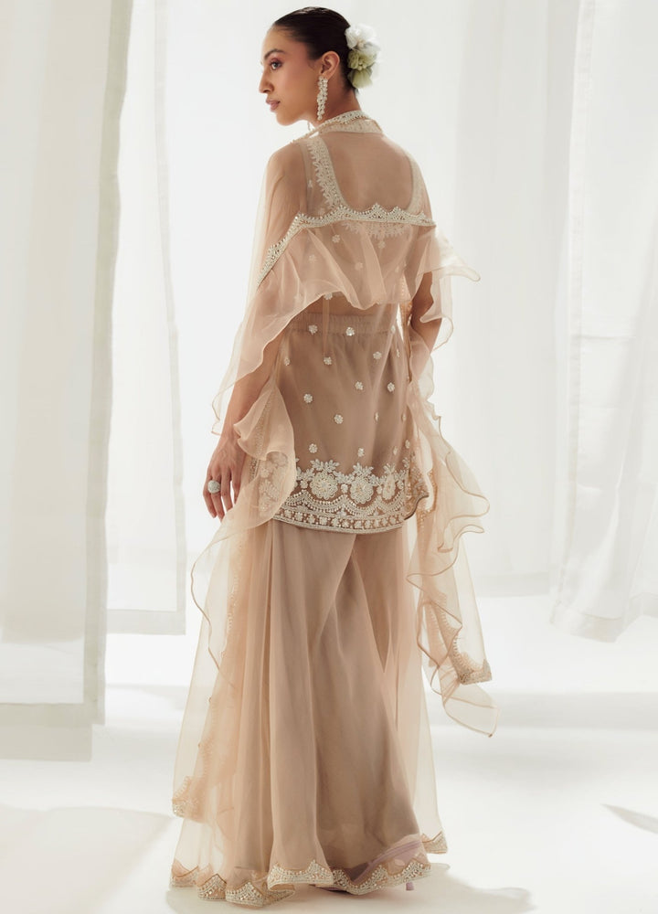 Beige Organza Sharara With Embellished Kurta And Ruffled Dupatta Suhino - Fabilicious Fashion