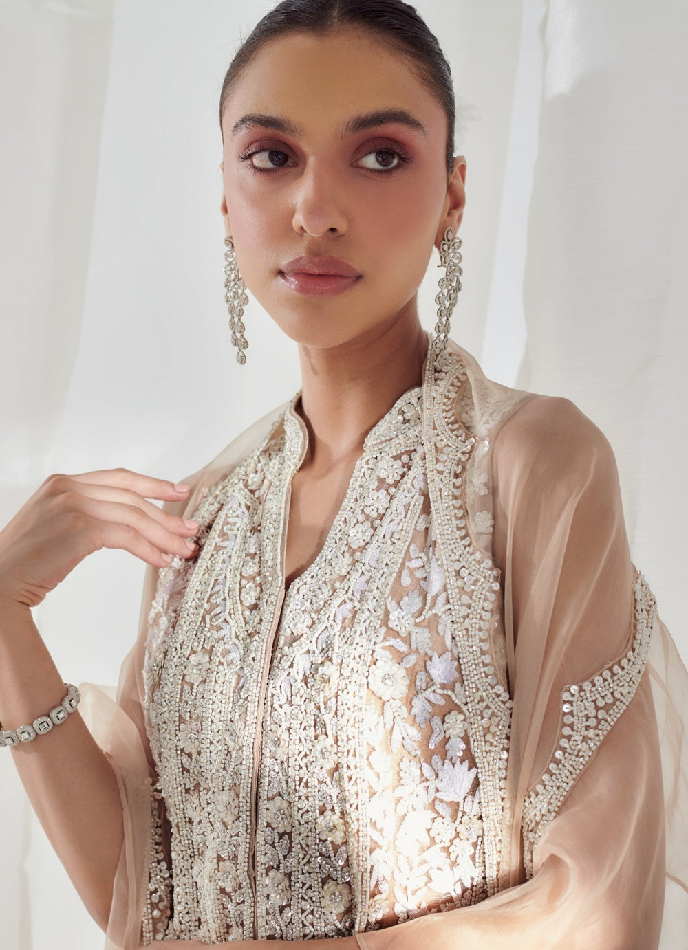 Beige Organza Sharara With Embellished Kurta And Ruffled Dupatta Suhino - Fabilicious Fashion