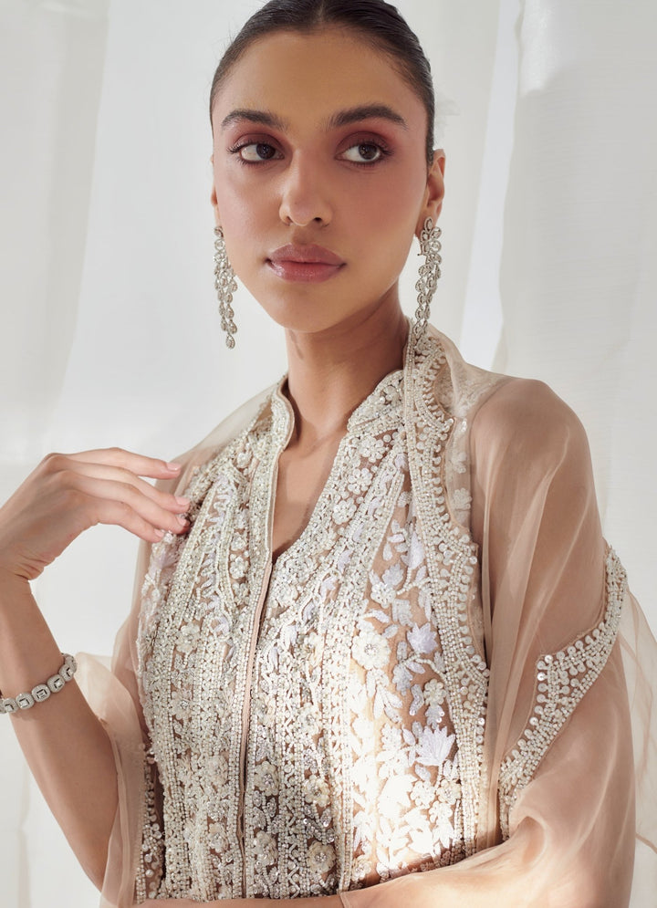 Beige Organza Sharara With Embellished Kurta And Ruffled Dupatta Suhino - Fabilicious Fashion