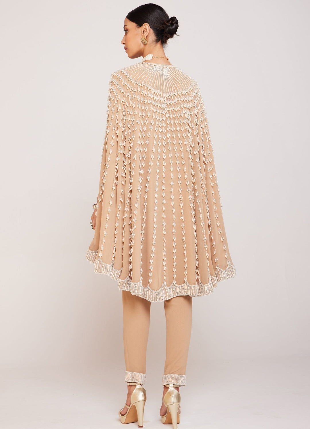 Beige Pearl Embellished Cape And Pant Set Vvani By Vani Vats - Fabilicious Fashion