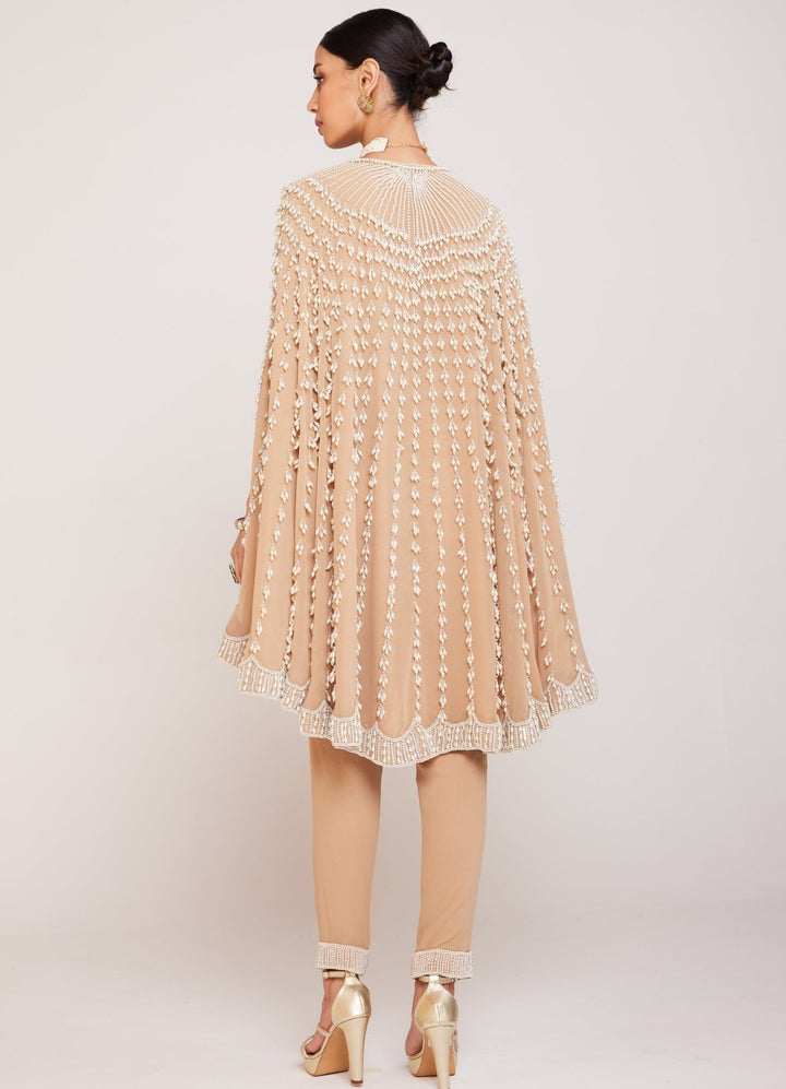 Beige Pearl Embellished Cape And Pant Set Vvani By Vani Vats - Fabilicious Fashion