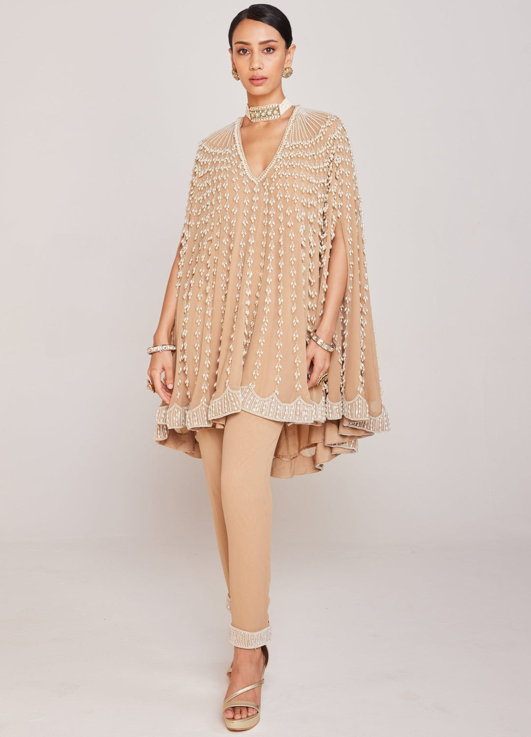 Beige Pearl Embellished Cape And Pant Set Vvani By Vani Vats - Fabilicious Fashion