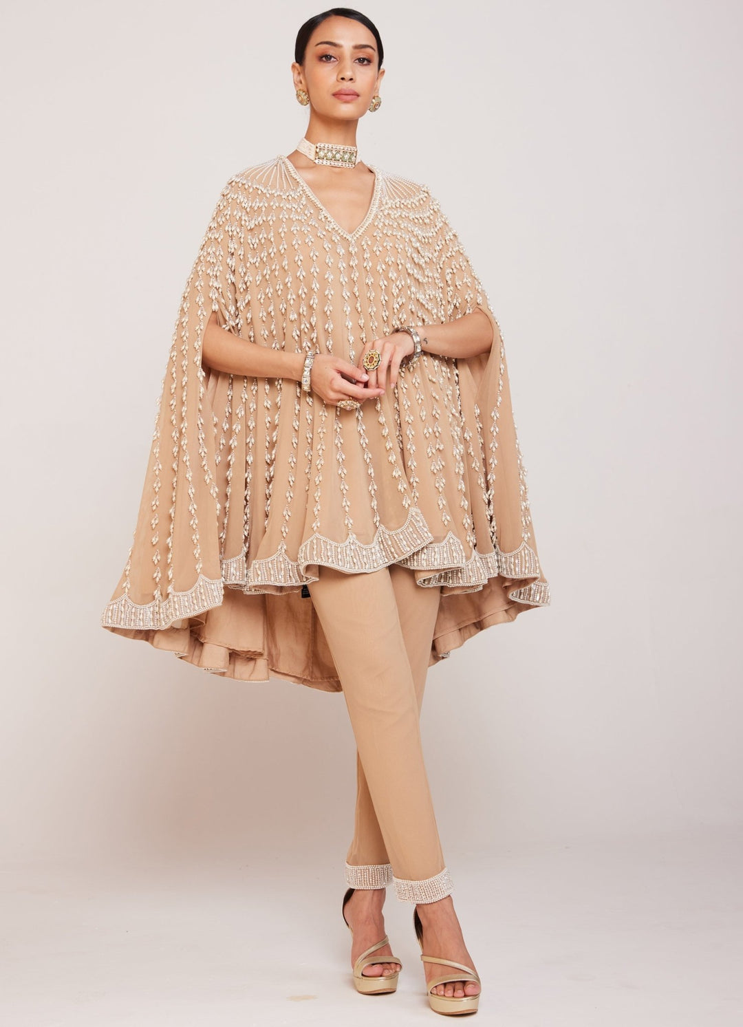 Beige Pearl Embellished Cape And Pant Set Vvani By Vani Vats - Fabilicious Fashion