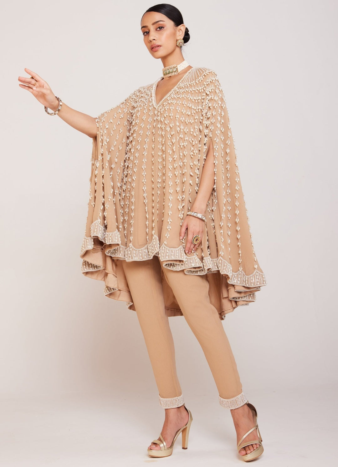 Beige Pearl Embellished Cape And Pant Set Vvani By Vani Vats - Fabilicious Fashion