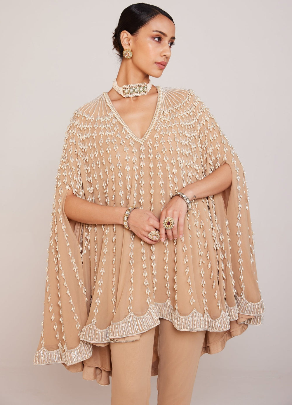 Beige Pearl Embellished Cape And Pant Set Vvani By Vani Vats - Fabilicious Fashion