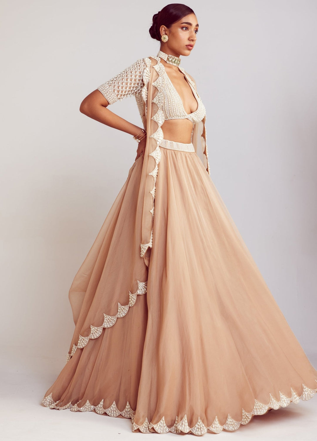 Beige Pearl Embellished Lehenga Set With Dupatta Vvani By Vani Vats - Fabilicious Fashion