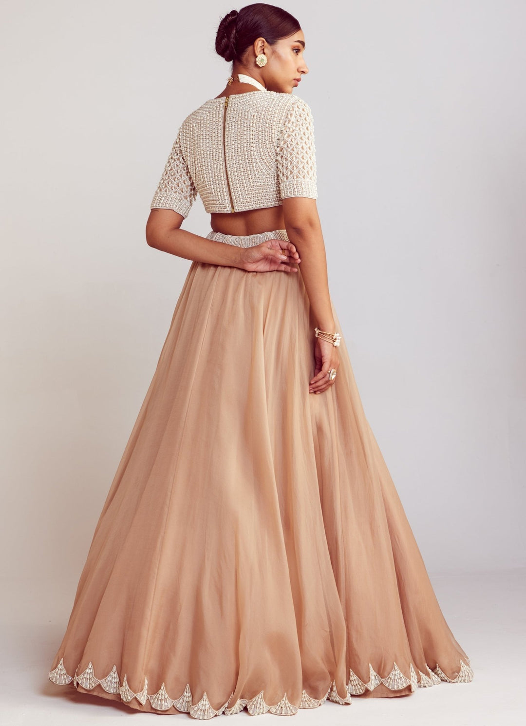 Beige Pearl Embellished Lehenga Set With Dupatta Vvani By Vani Vats - Fabilicious Fashion